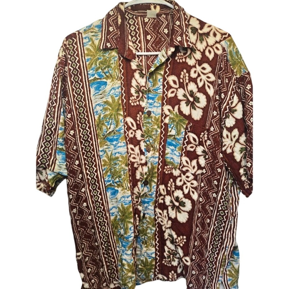 True Vintage Hawaiian Shirt‎ Mens XL Brown Rayon Tropical Palm Hibiscus Floral